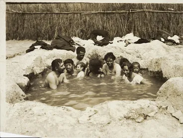 Image: Group of unidentified Maori in a hot pool, possibly in Rotorua