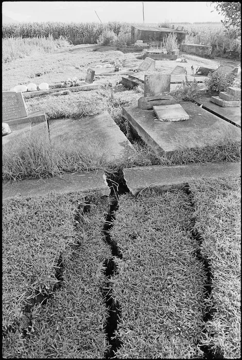 Damage caused by the Edgecumbe earthquake at Kokohinau Marae cemetery, Te Teko - Photograph taken by John Nicholson