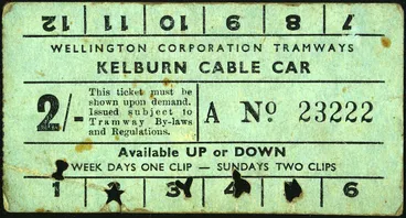Image: Wellington Corporation Tramways :Kelburn Cable Car. 2/- [ticket]. Available up or down. Week days one clip - Sundays two clips. [1946-1950s]