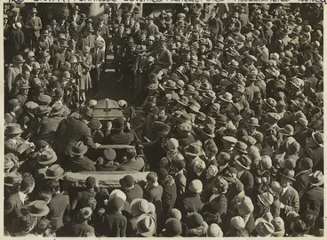 Image: Robson and Boyer (Firm): Photograph of Kingsford Smith and Ulm leaving their hotel in Christchurch after their successful flight over the Tasman Sea from Australia to New Zealand