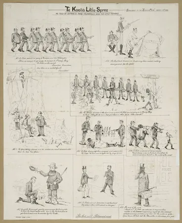 Image: Allan, Joseph Stuart, 1861-1930 :Te Kooti's little spree, as told by extracts from telegrams and the daily papers. Evening Press litho. [Wellington, Wakefield and Roydhouse] 1889