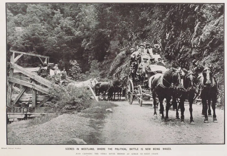 Scenes in Westland, where the political battle is now being waged. Just crossing the Otira River bridge at gorge to West Coast