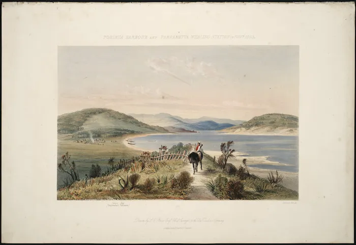 Brees, Samuel Charles 1810-1865 :Porirua Harbour and Parramatta whaling station in Novr 1843. Drawn by S. C. Brees Esqr., Chief Surveyor to the New Zealand Company. London, Smith Elder [1845]
