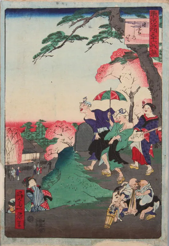 Two boys with an umbrella makes a lewd gesture at a woman while a man sits vomiting at right