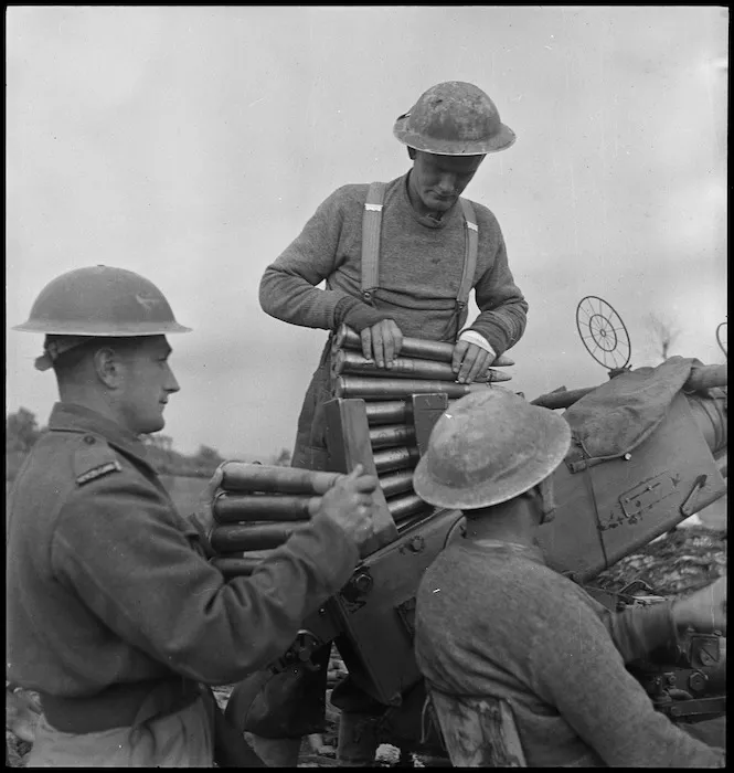 Action stations on a NZ anti aircraft gun on the Italian Front, World War II - Photograph taken by George Kaye