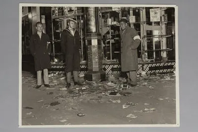 Queen Street riot. Pickets on duty outside a looted tobacconists' premises at entrance to His Majesty's Arcade