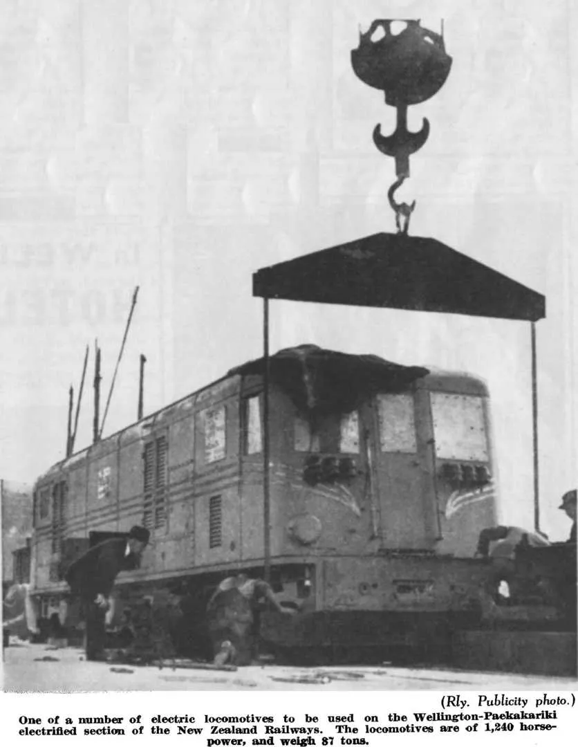 (Rly. Publicity photo.) — One of a number of electric locomotives to be used on the Wellington-Paekakariki electrified section of the New Zealand Railways. The locomotives are of 1,240 horse-power, and weigh 87 tons