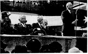 Image: K. H. Shea Photo. A new: police station is being built at Church Street, Palmerston North, andi yesterday afternoon the "foundation-stone was laid by the Hon. P. Fraser. From left, Mrs. M. B riggs, the Hon. Mark Briggs, M&.C, Mr. A. E. Marisford, Mayor of Palmerston North, Mr. J. A. Nash, and the Minister. (Evening Post, 29 September 1938)