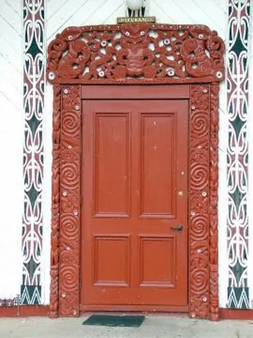 Image: Carved doorway into Hikurangi meeting house, Papawai marae