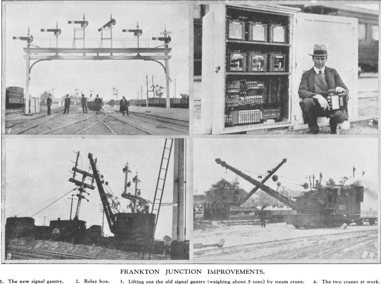 Frankton Junction Improvements. — 1. The new signal gantry. 2. Relay box. 3. Lifting out the old signal gantry (weighing about 5 tons) by steam crane. 4. The two cranes at work