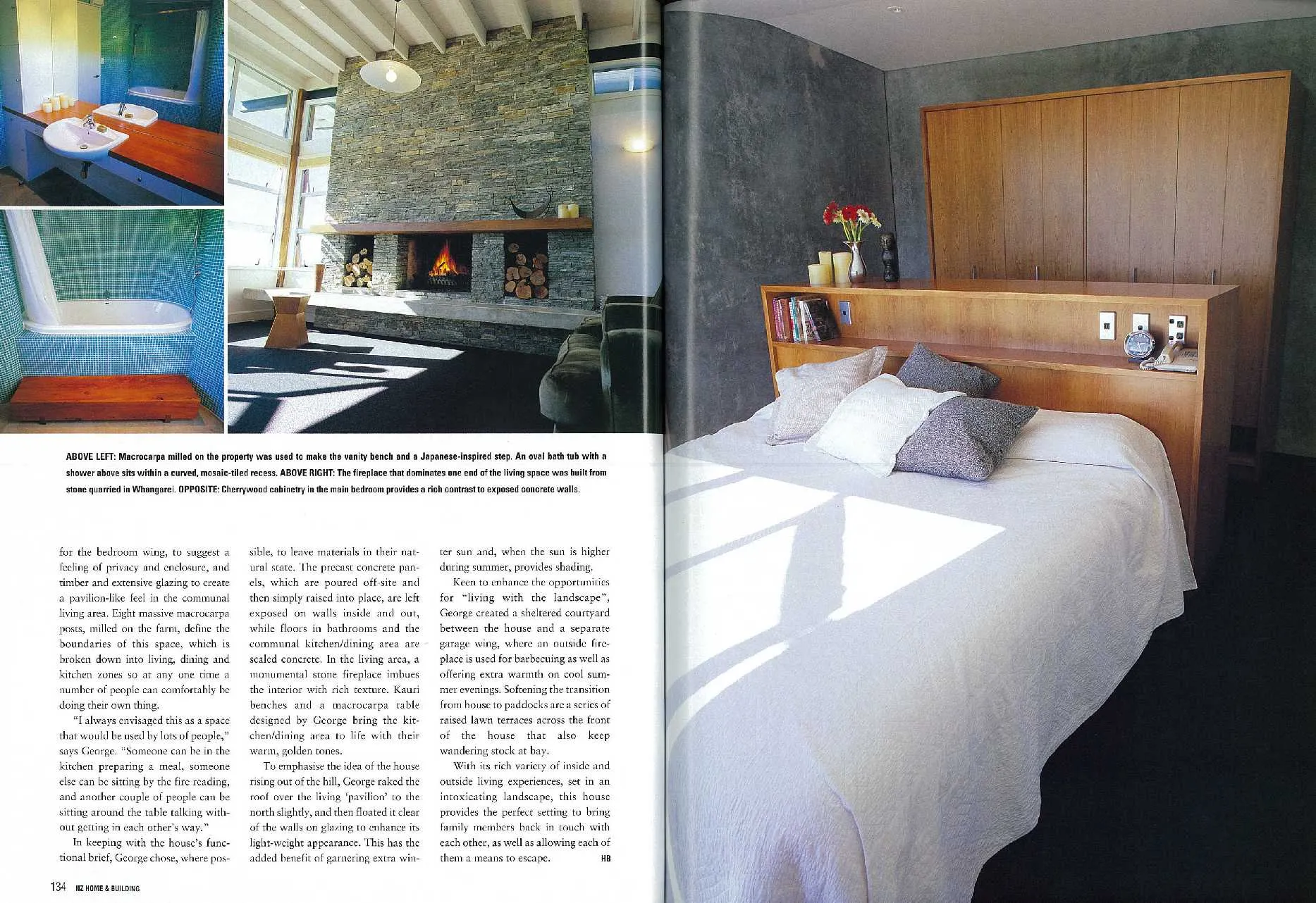 Macrocarpa milled on the property was used to make the vanity bench and a Japanese-inspired step. An oval bath tub with a shower above sits within a curved, mosaic-tiled recess