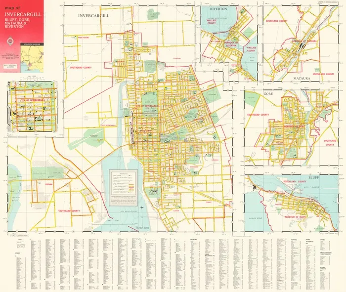 Map of Invercargill, Bluff, Gore, Mataura & Riverton.
