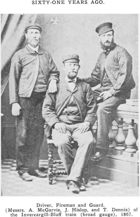 Sixty-One Years Ago. — Driver, Fireman and Guard. — (Messrs. A. McGarvie, J. Hislop, and T. Dennis) of the Invercargill-Bluff train (broad gauge), 1867