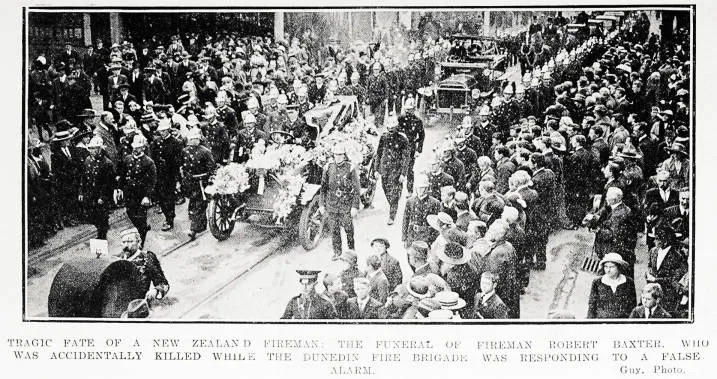 Tragic fate of a New Zealand fireman: the funeral of fireman Robert Baxter who was accidentally killed while, the Dunedin Fire Brigade was responding to a false alarm