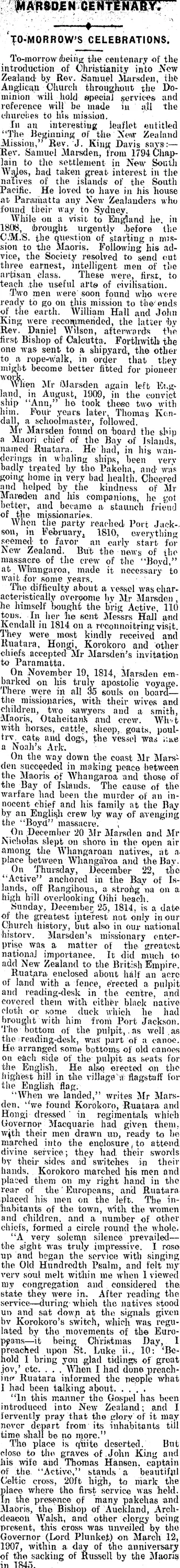 MARSDEN CENTENARY. (Mataura Ensign 24-12-1914)