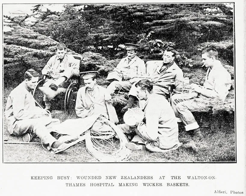 Keeping busy: wounded New Zealanders at the Walton-on-Thames hospital making wicker baskets