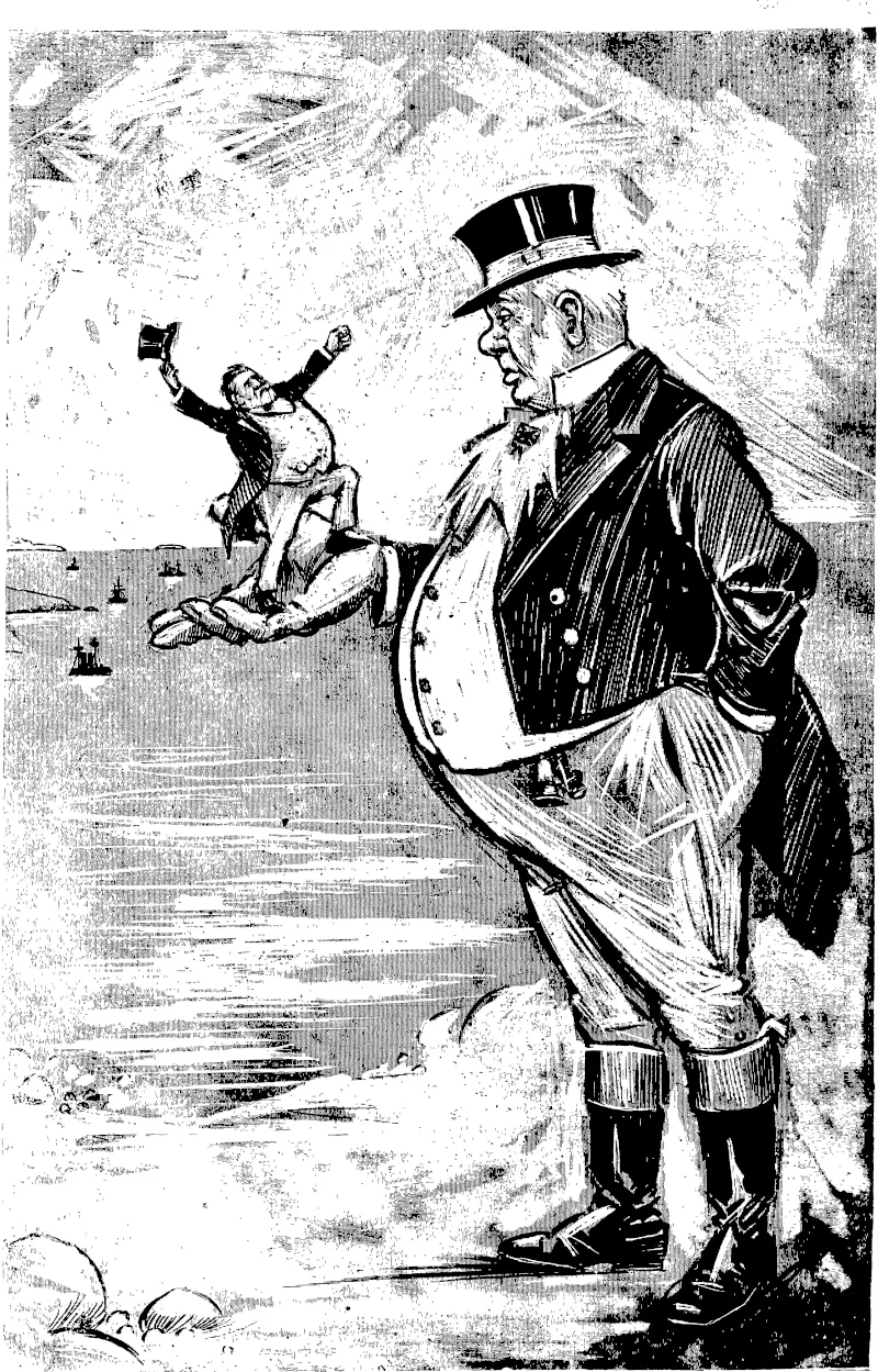 DICK SEDDON GIVES JOHN BULL A PIECE OF HIS MIND.  " Look here, John, I have resolved to take over into my mm hands the South Pacific department of our partnership business. After what has happened in New Guinea and Samoa, I cant trust you any longer. You are altogether too slow and stupid. A real live man like myself is needed to manage this Islands business.'' [Plain English of Mr. Seddons Sydney speech, January 4.\ (New Zealand Free Lance, 12 January 1901)