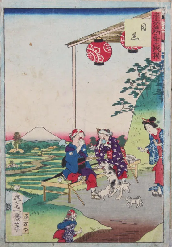 Men sit on bench, eating and drinking while a dog eats their food