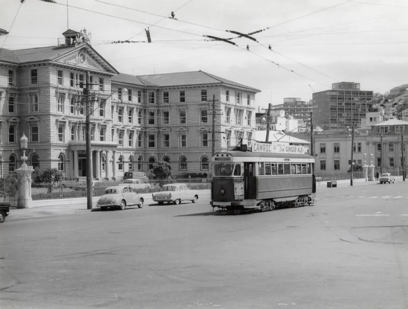 Tram no. 235 in front of Government Buildings, Lambton Quay