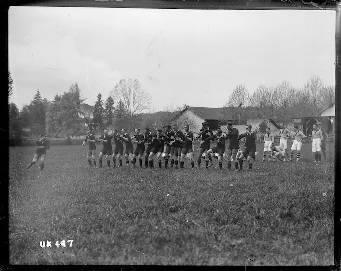 World War I New Zealand soldiers performing a haka at a rugby match