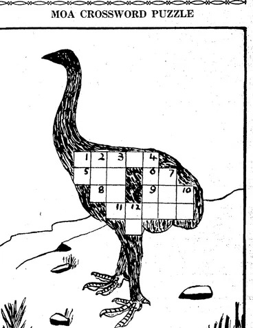 Image: Across:—l, New Zealand native; 5, Sold by the dozen; 6. Completes 7; -•■•" 8, Otherwise; 9, Large Australian bird ; 11, Ant. Down:~l, Myself; 2, Past| 3, Bad man in fairy story; 4, An article in a list; 7,■••'.yith 6 adross is quiet «id domesticated; 10, Two-thirds of hut; 12, Mother. (Evening Post, 23 September 1939)