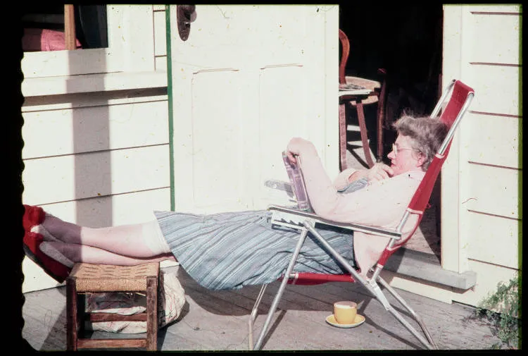 Alethea Rowntree relaxing at 144 Gillies Avenue, 1958