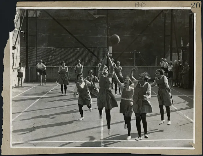 Netball match on roof of YWCA hostel, Boulcott Street