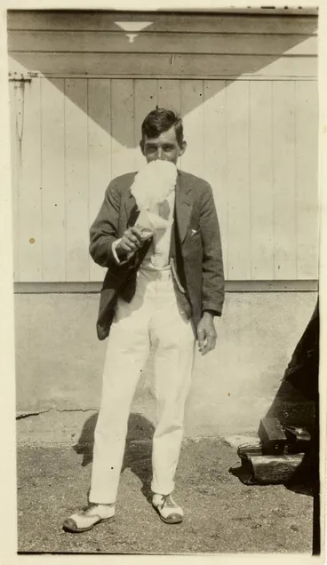 Frank Morris eating candy floss, Point Chevalier. Image: Frank Morris eating candy floss, Point Chevalier.