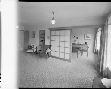 Image: Living room and dining room, probably Cook house, 16 Orr Crescent, Epuni, Lower Hutt