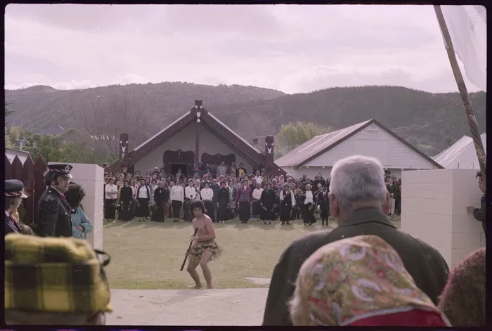Pōwhiri and wero for Māori Land March arriving at Takapūwāhia Marae, Porirua