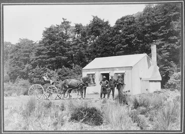 Image: Carriage driver with Leonard and Ernest Lancaster, at Waihohonu Hut, Tongariro National Park