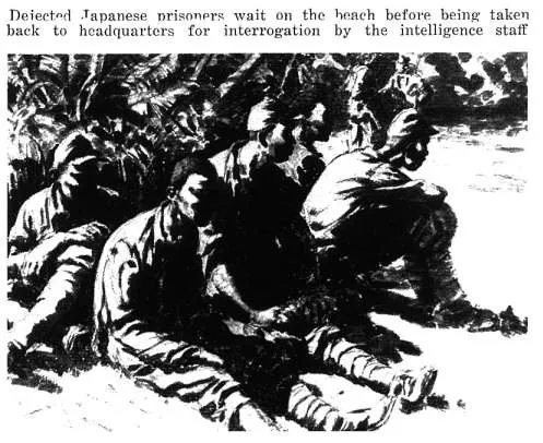 Deiected japanese nrisonprs wait on the beach before being taken back to headquarters for interrogation by the intelligence staff