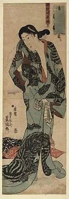 Pillar print: A Yoshiwara beauty in a green kimono, with brocaded Obi