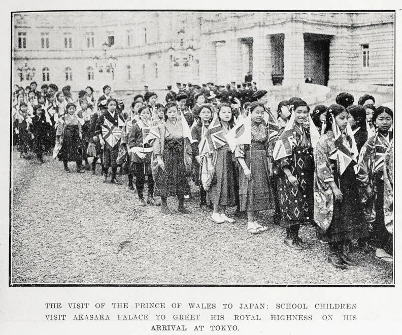 The visit of the Prince of Wales to Japan: school children visit Akasaka Palace to greet His Royal Highness on his arrival at Tokyo