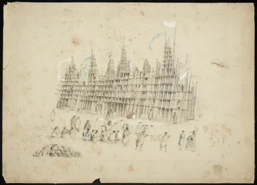 Image: [Clarke, Cuthbert Charles] 1819-1863 :[A hakari, or food stage, Bay of Islands. September 1849]