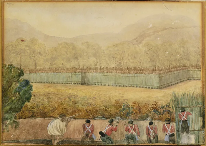 Bridge, Cyprian, 1807-1885 :View of the left angle of Heke's pah at Ohaiawai that was stormed on the 1st July, 1845, from a breastwork adjoining our right battery. [1845].