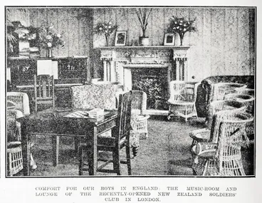 Image: Comfort for our boys in England: the music-room and lounge of the recently-opened New Zealand Soldiers' Club in London