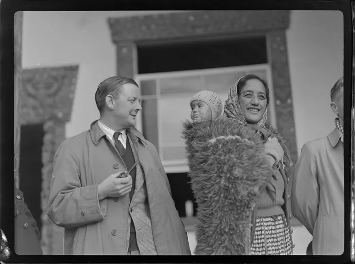 Captain R Ellison from the Bristol Freighter Tour, with guide Rangi and baby, Rotorua, Bay of Plenty