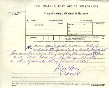 Image: Waihi Strike Telegrams from Police Commissioner John Cullen, 9 November 1912 (5 of 5)