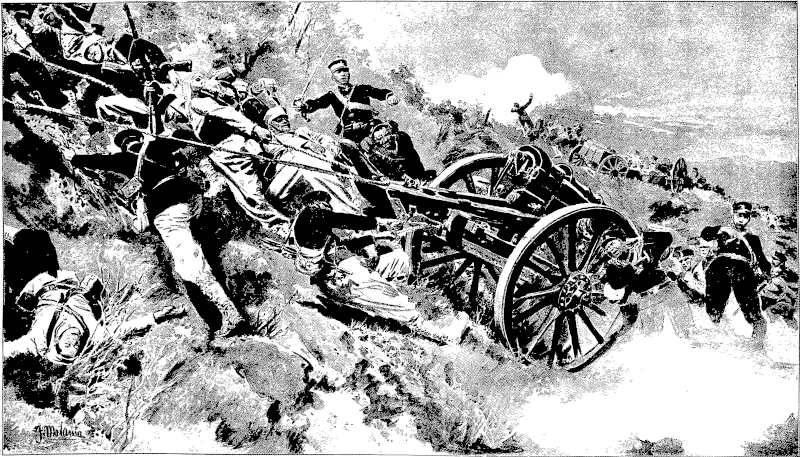 THE RUSSO-JAPANESE WAR: THE INVESTMENT OF PORT ARTHUR, SHOWING- JAPANESE GUNNERS HAULING GUNS UP A CAPTURED HILL TO COMMAND THE FORTRESS. (Otago Witness, 16 November 1904)