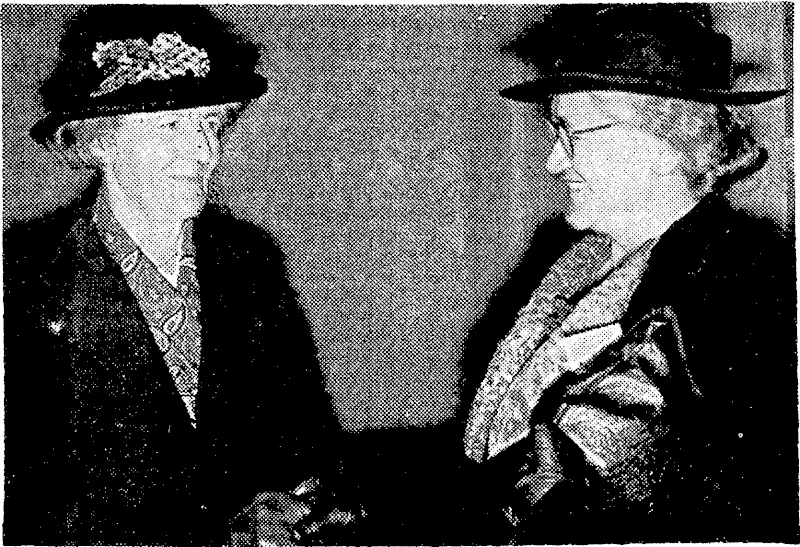 Links with-the past greet each other at a recent gathering of descendants of pioneers held at Lower Hutt. Miss Lydia Wake field (left) is a granddaughter of Edward Gibbon tFakefield, and Mrs. H. D. Bennett fright) is a direct descendant of the Maori chief Wharepourk (Evening Post, 16 November 1939)