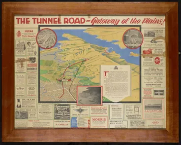 Image: Promotional map of Christchurch and Lyttelton surrounded by text, photos and advertisements. Glazed, wooden frame.