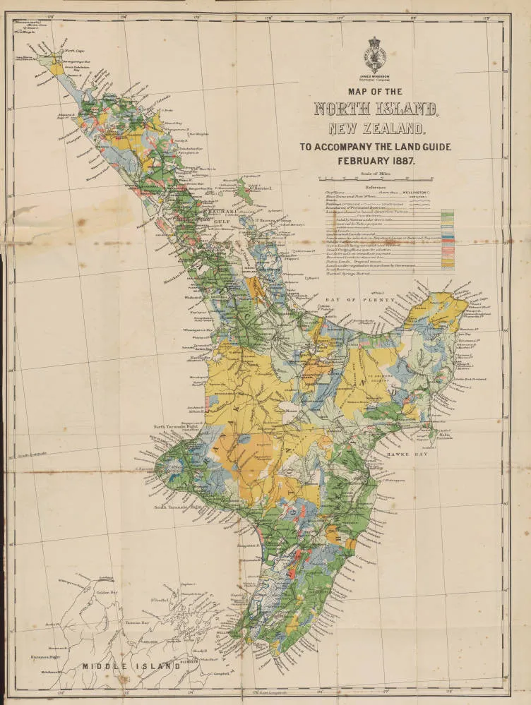 Map of the North Island, New Zealand. To accompany the land guide February 1887.