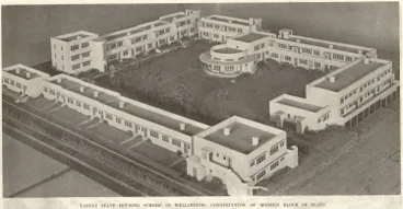Image: Latest state housing scheme in Wellington: construction of modern block of flats