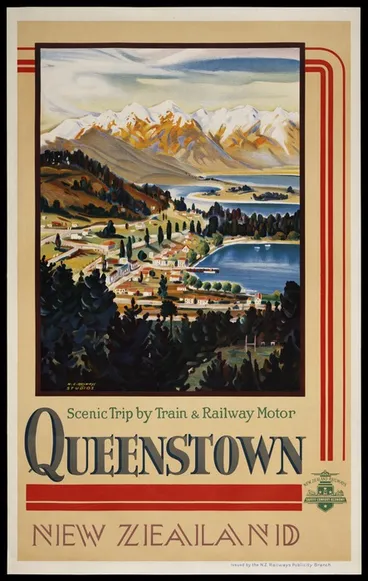 Image: New Zealand Railways: Queenstown, New Zealand. Scenic trip by train & railway motor. [ca 1938-1939]