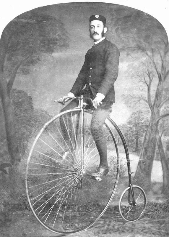 Frank J Forbes on a penny farthing bicycle