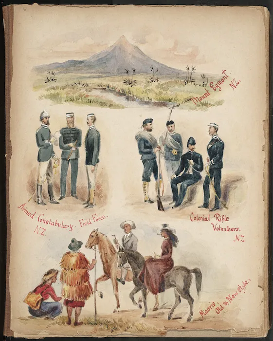 [Hobson, Henry], fl 1881: Mount Taranaki and three groups of people
