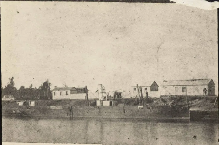 Paddle-wheel steamship Pioneer in the Waikato River, 1865