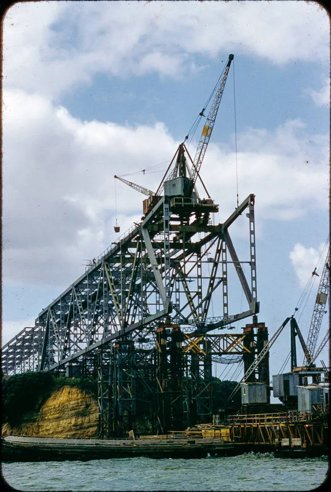 Auckland Harbour Bridge under construction, 1958