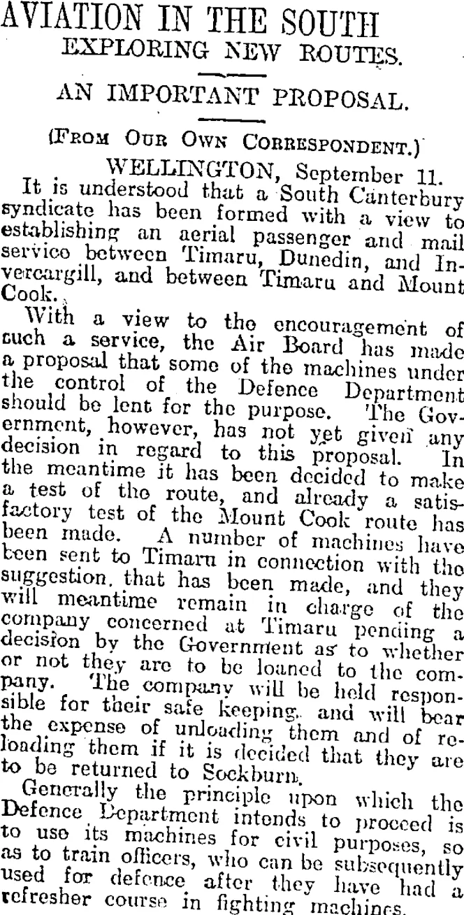 AVIATION IN THE SOUTH (Otago Daily Times 13-9-1920)